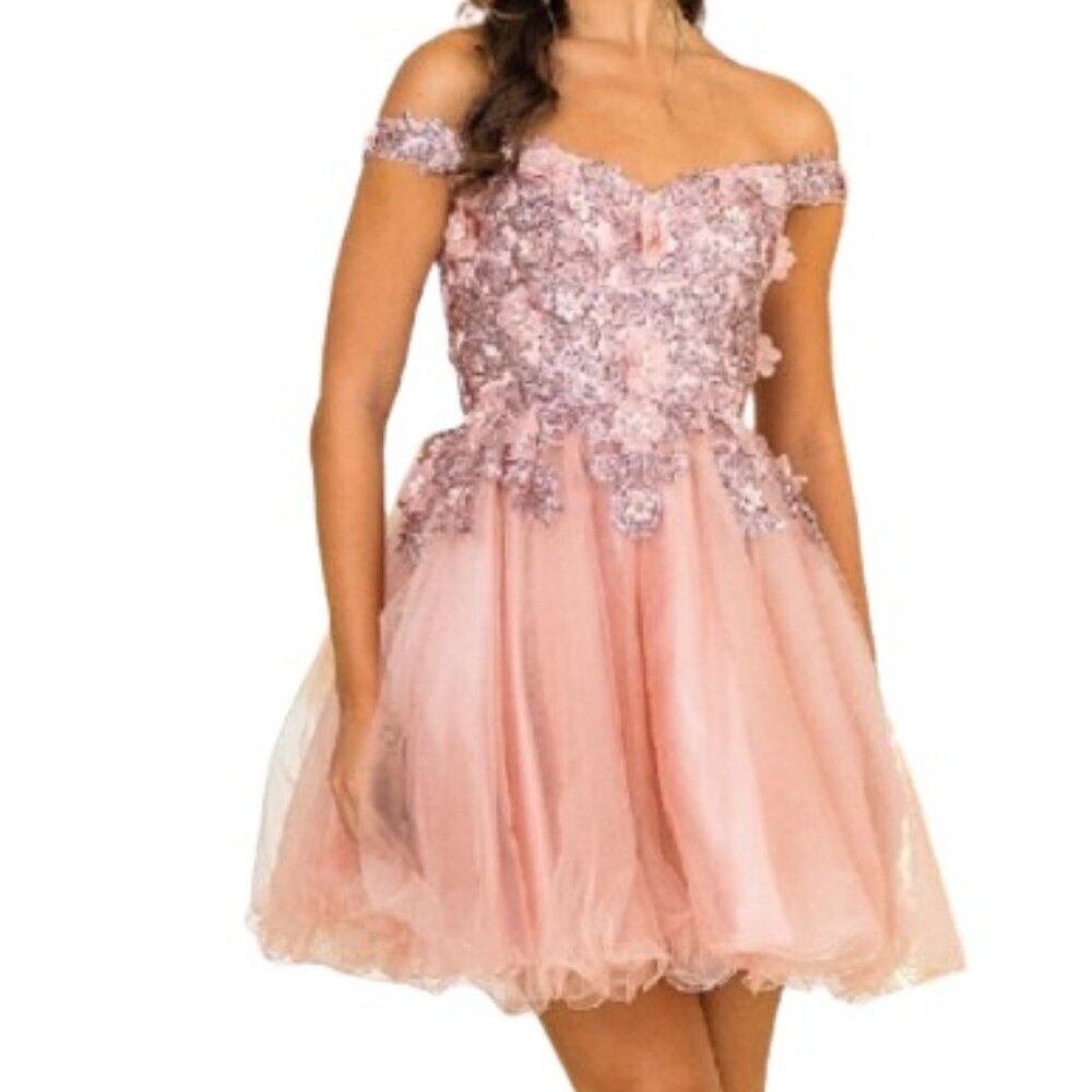 NWT Dancing Queen 3349 Rhinestone Homecoming Dress Rose Gold Size L